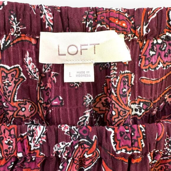 LOFT Maroon Paisley Off Shoulder Peasant Blouse Womens Sz L | Boho Long Sleeve - Picture 6 of 7